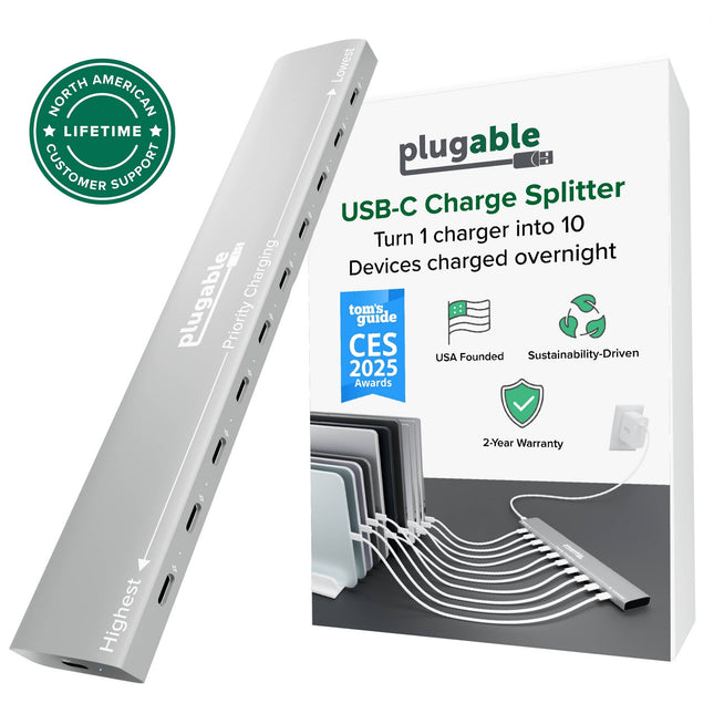Plugable Cargador USB Prioritario 10 Puertos 5V 500mA PD 100W