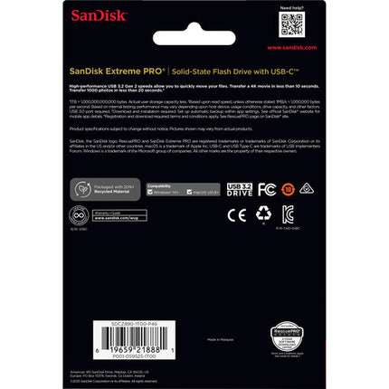SanDisk 1TB Extreme PRO USB-C 3.2 Gen 2 Unidad Flash 1000 MB/s Lectura 900 MB/s Escritura