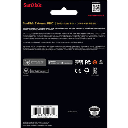 SanDisk 2TB Extreme PRO Unidad Flash USB-C 3.2 Gen 2 1000MB/s Lectura 900MB/s Escritura