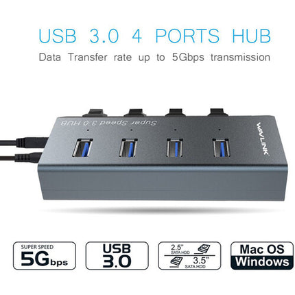 Wavlink Hub USB-A 3.0 4 Puertos 5 Gb/s Carga Rápida 2.4A Adaptador DC