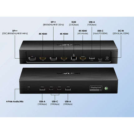 Wavlink DisplayLink 7400 Docking Station 13 en 1 Dual 8K Quintuple 4K 130W