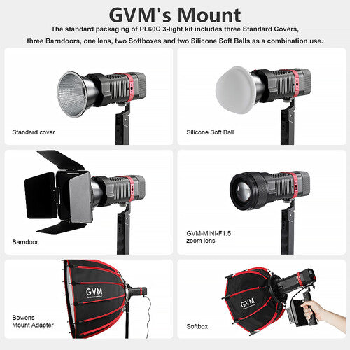 GVM PL60C RGB Luz LED Monolight 3 Luces 6420 Lux 2700-6800K Kit Completo