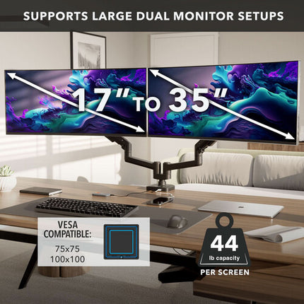 Mount-It! MI-12003 Soporte de Escritorio para 2 Monitores 17 a 35" brazo 44 lb extensible 16.7"