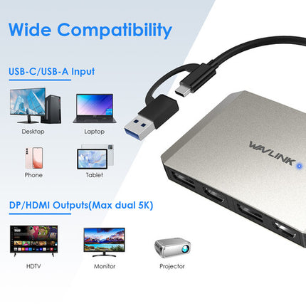 Wavlink Adaptador USB-C a DisplayPort y HDMI Dual 4K 60Hz