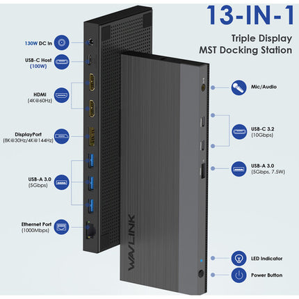 Wavlink Triple Display Estación de Acoplamiento USB-C 13 en 1 8K30 65W