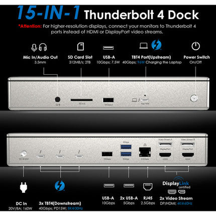 Wavlink 15-en-1 Thunderbolt 4 Docking Station con salida 8K soporte para 4 monitores y 98W passtrough