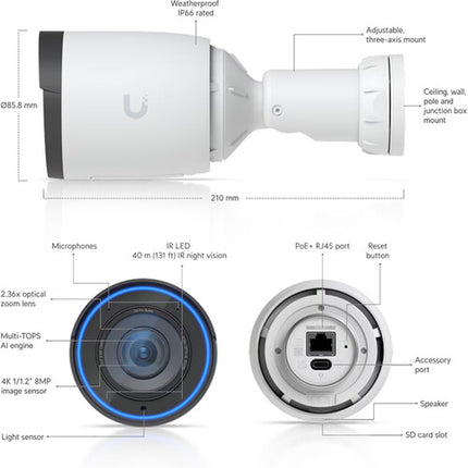 Ubiquiti UniFi G6 Pro Cámara Exterior 4K UHD 3840x2160 30fps Visión Nocturna 40m