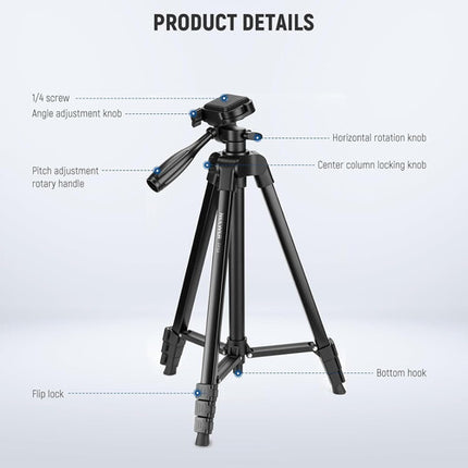 Neewer TP53 Tripode de Viaje de Aluminio 57.5" Capacidad 1.5kg con Bolsa y Soporte para Celular