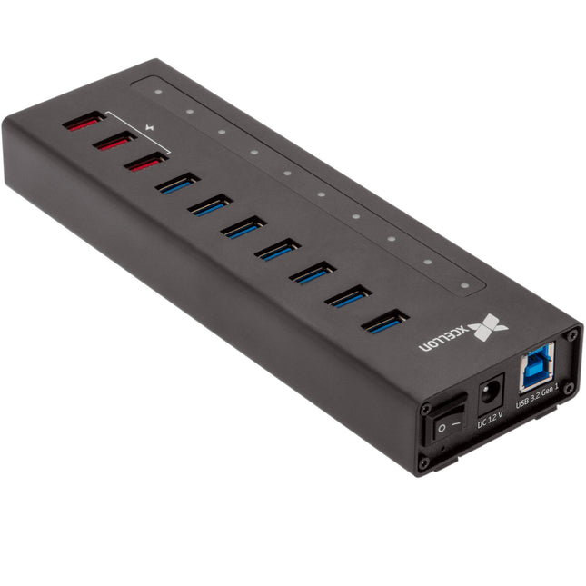 Xcellon Hub USB 3.2 Gen 1 de 10 Puertos Slim con 3 Puertos Dobles de Datos y Carga