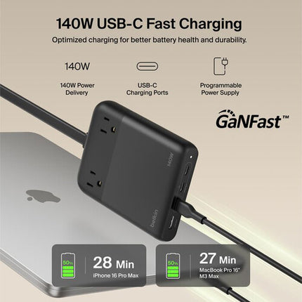 Belkin 2-Outlet Charging Station Estación de Carga 140W 3 USB-C 2 AC