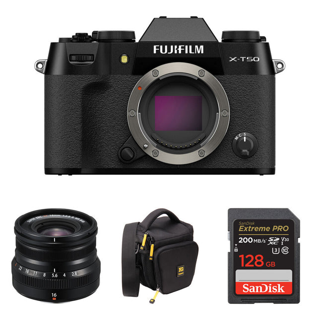 FUJIFILM X-T50 Cámara Sin Espejo 40.2MP 4K60p con Lente 16mm f/2.8 y Bolsa