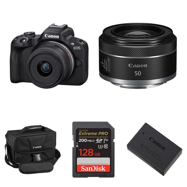 Canon EOS R50 Cámara Sin Espejo 24.2MP 4K Kit con Lentes 18-45mm 50mm y Accesorios
