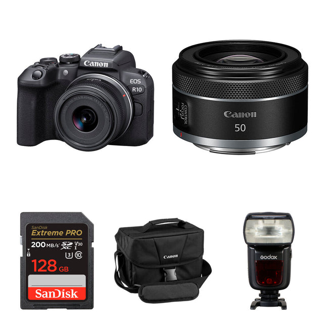 Canon EOS R10 Cámara sin Espejo Kit Retrato con Lentes 18-45mm y 50mm Flash y Tarjeta 128GB