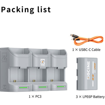 ZGCINE Kit de Carga Portátil con 3 Baterías LP-E6P 2600mAh para Canon EOS R5 Mark II y R6 Mark III Gris
