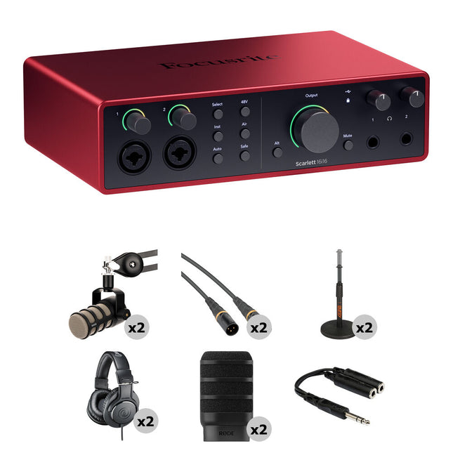 Focusrite Scarlett 16i16 USB-C Interfaz de Audio MIDI 24-Bit 192 kHz con Kit para Podcast de Dos Personas