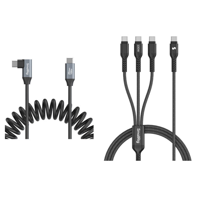 SmallRig Cable USB-C en Espiral Ángulo Recto 13.8" y Kit de Carga 3 en 1 3.9' 100W 20Gbps