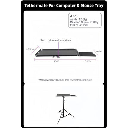CineGearFactory Tethermate Bandeja para portátil con bandeja para ratón y bordes elevados de aluminio
