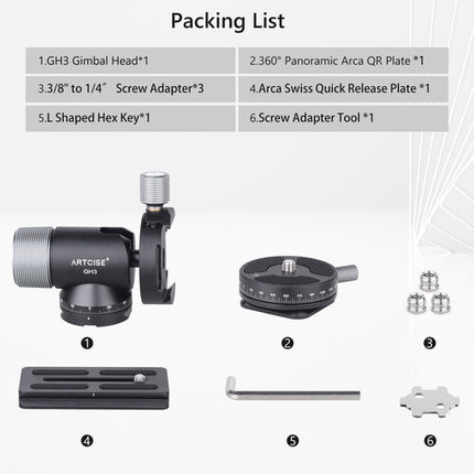 ARTCISE GH3P Cabezal Gimbal para Monopie Capacidad 15kg 360° Panorámico
