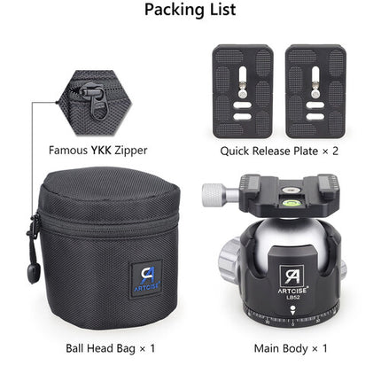 ARTCISE LB52 Cabezal de Bola Bajo Perfil Capacidad 30kg Diámetro 2 Pulgadas