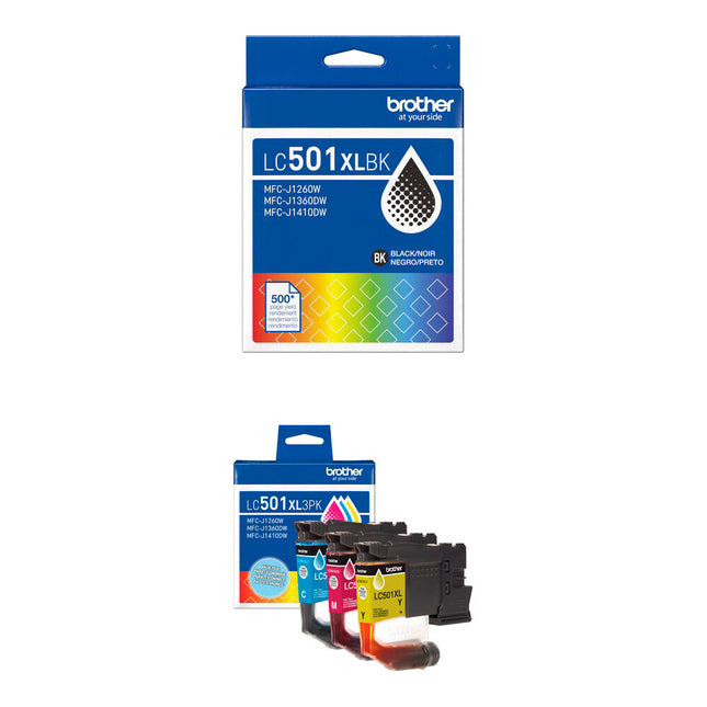 Brother LC501XL Cartuchos de Tinta Alta Capacidad Negro y CMY para Impresoras MFC-J1260W J1360DW J1410DW