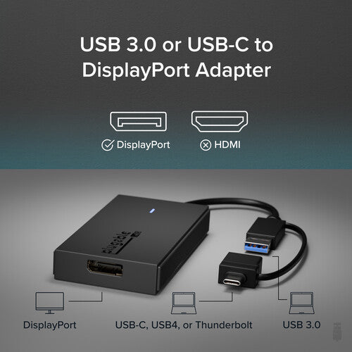 Adaptador Plugable USB Tipo C y Tipo A a DisplayPort 4K UHD 30 Hz con USB Tipo A a C