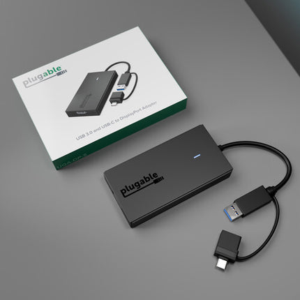 Adaptador Plugable USB Tipo C y Tipo A a DisplayPort 4K UHD 30 Hz con USB Tipo A a C