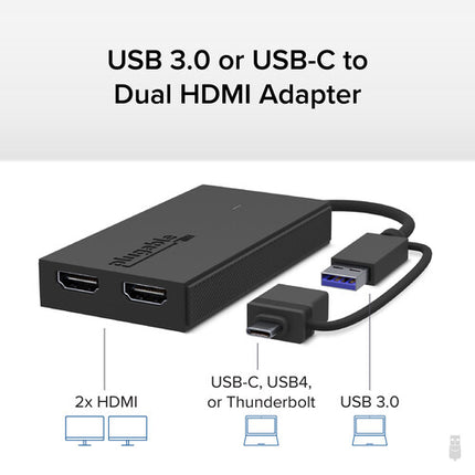 Plugable Adaptador USB Tipo C y Tipo A a HDMI 4K 30Hz Doble Puerto