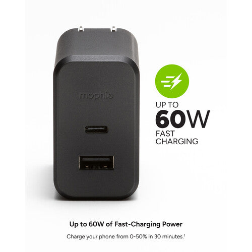 mophie 60W Cargador de pared USB-C GaN PD 100W y USB-A 18W