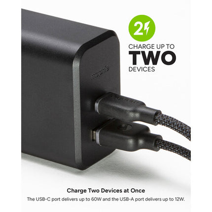 mophie 60W Cargador de pared USB-C GaN PD 100W y USB-A 18W