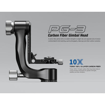 Leofoto PG-3 Cabezal Gimbal Fibra de Carbono Capacidad 55 lb Altura 9.25"