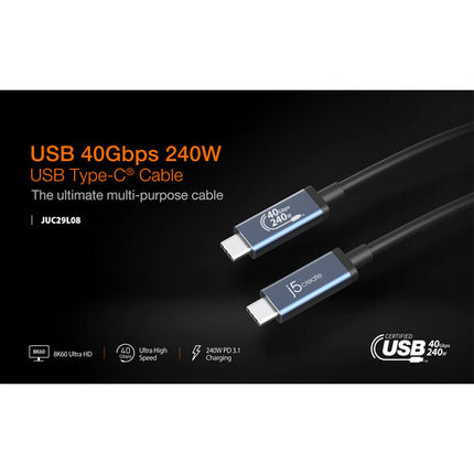 j5create Cable USB-C Macho a Macho 240W 2.6 pies 40Gbps 8K@60Hz