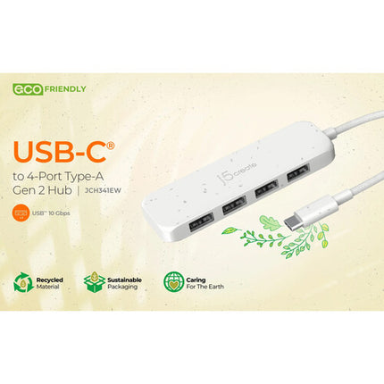 j5create Hub USB-C a 4 Puertos USB-A 3.2 Gen 2 Blanco Eco-Friendly Plug and Play
