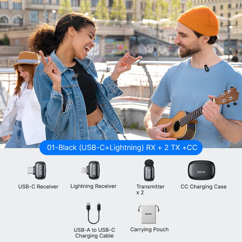 BOYA mini 2 Sistema de micrófono inalámbrico para 2 personas con conectores Lightning y USB-C y estuche de carga