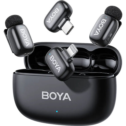 BOYA mini 2 Sistema de micrófono inalámbrico para 2 personas con conectores Lightning y USB-C y estuche de carga