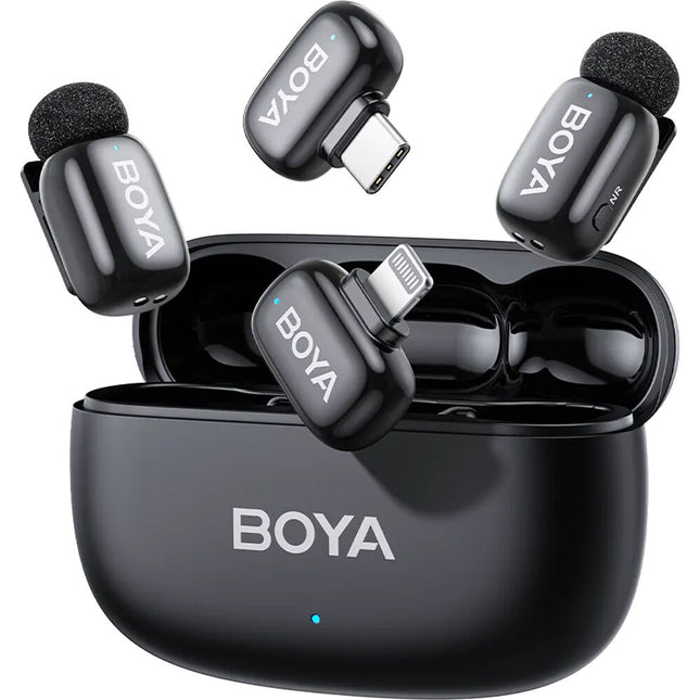 BOYA mini 2 Sistema de micrófono inalámbrico para 2 personas con conectores Lightning y USB-C y estuche de carga