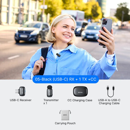 BOYA mini 2 Sistema de Micrófono Inalámbrico con Receptor USB-C y Estuche de Carga Negro 48 kHz 24-Bit