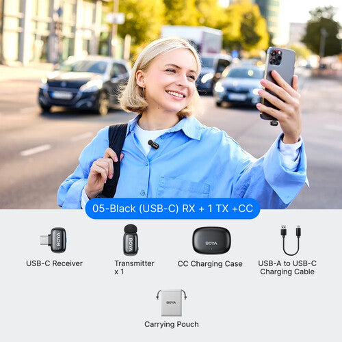 BOYA mini 2 Sistema de Micrófono Inalámbrico con Receptor USB-C y Estuche de Carga Negro 48 kHz 24-Bit