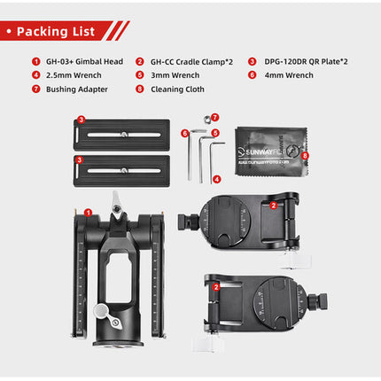 Sunwayfoto GH-03+ Cabezal Gimbal Dual Capacidad 30kg Altura 16cm