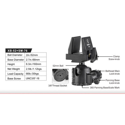 Sunwayfoto XB-25 Cabezal Esférico Bajo Perfil 66 lb con Abrazadera SM-76