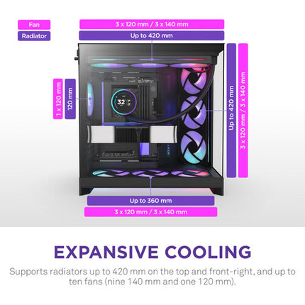 NZXT H9 Flow RGB+ Caja Mid-Tower Soporta ATX E-ATX 420mm Radiador