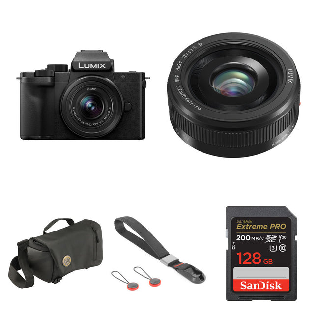 Panasonic LUMIX G100D Cámara sin Espejo con Lentes 12-32mm y 20mm Kit Fotografía Callejera Pack Completo 128GB