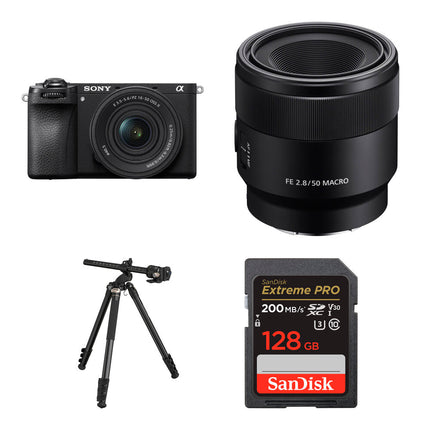 Cámara sin espejo Sony a6700 26MP con lentes 16-50mm y 50mm y kit macro con trípode y tarjeta SD 128GB