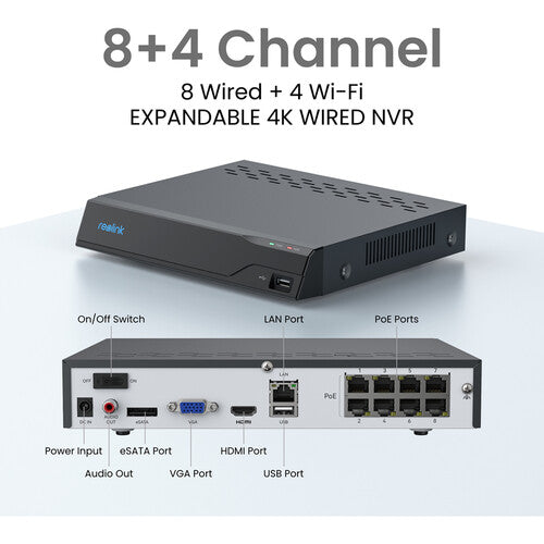 Reolink NVR 8 Canales 8MP con 2TB HDD y 8 Cámaras 12MP IP67