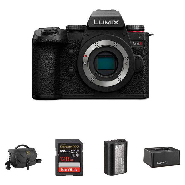 Panasonic LUMIX G9 II Cámara Mirrorless 25.2MP Kit Essentials Batería 128GB