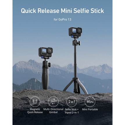 TELESIN Quick Release Selfie Stick 2.0 con Tripié Mini para GoPro HERO13 Black 17.3" aluminio ajustable