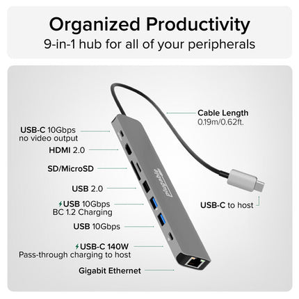 Plugable 9 en 1 Hub USB-C con HDMI 4K 60Hz y carga Power Delivery 140W