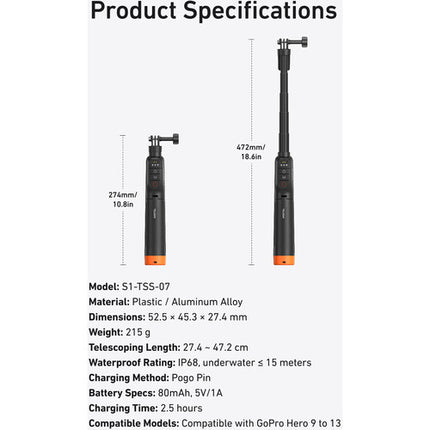 TELESIN Palo Selfie Submarino con Trípode para GoPro HERO con Control Bluetooth y Extensión hasta 47 cm