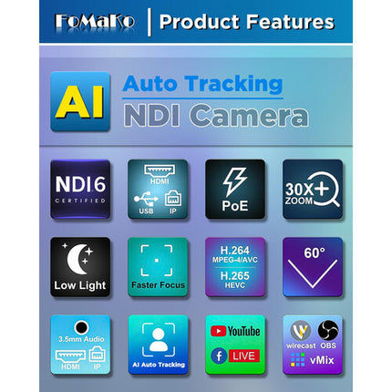 FoMaKo KN30A Pro Cámara PTZ NDI HDMI 3G-SDI 30x Zoom 1080p60 PoE