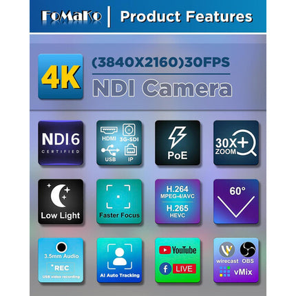 FoMaKo K30NS Cámara PTZ 4K UHD 30x Zoom Óptico con Control IR y USB