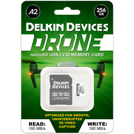 Delkin Devices 256GB microSDXC para Drone UHS-I V30 195MB/s con Adaptador SD